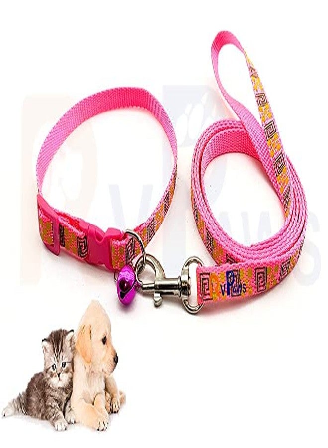 Pups&Pets 10 MM Puppy Collar and Leash Set - Puppy Printed Adjustable Nylon Collar with Leash for Cat and Puppy, Quick Release and Breathable Collar with Bell for Puppies, Small Dog & Cat (Pink) - Image 1
